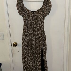 Missguided Black Floral Midi Dress with Puff Sleeves